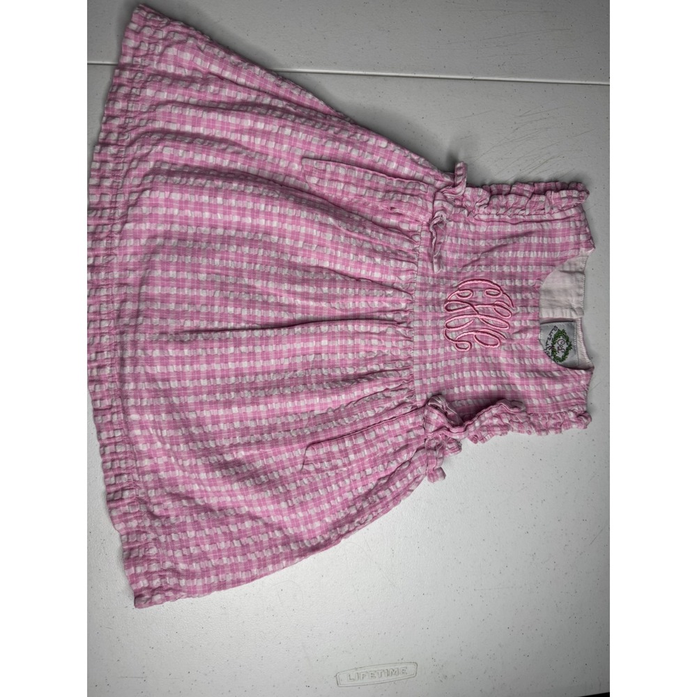 Cecil and Lou Toddler Girls Pink Gingham Seersucker Monogram Ruffle Dress 24M